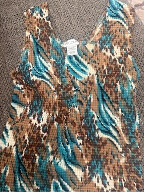 NICOLA Vintage Top in Teal, Brown and Cream Abstract Print